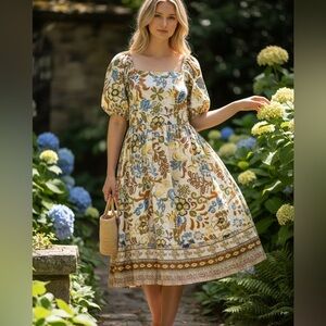 Free People LÉA Floral Boho Maxi Dress Puff Sleeves